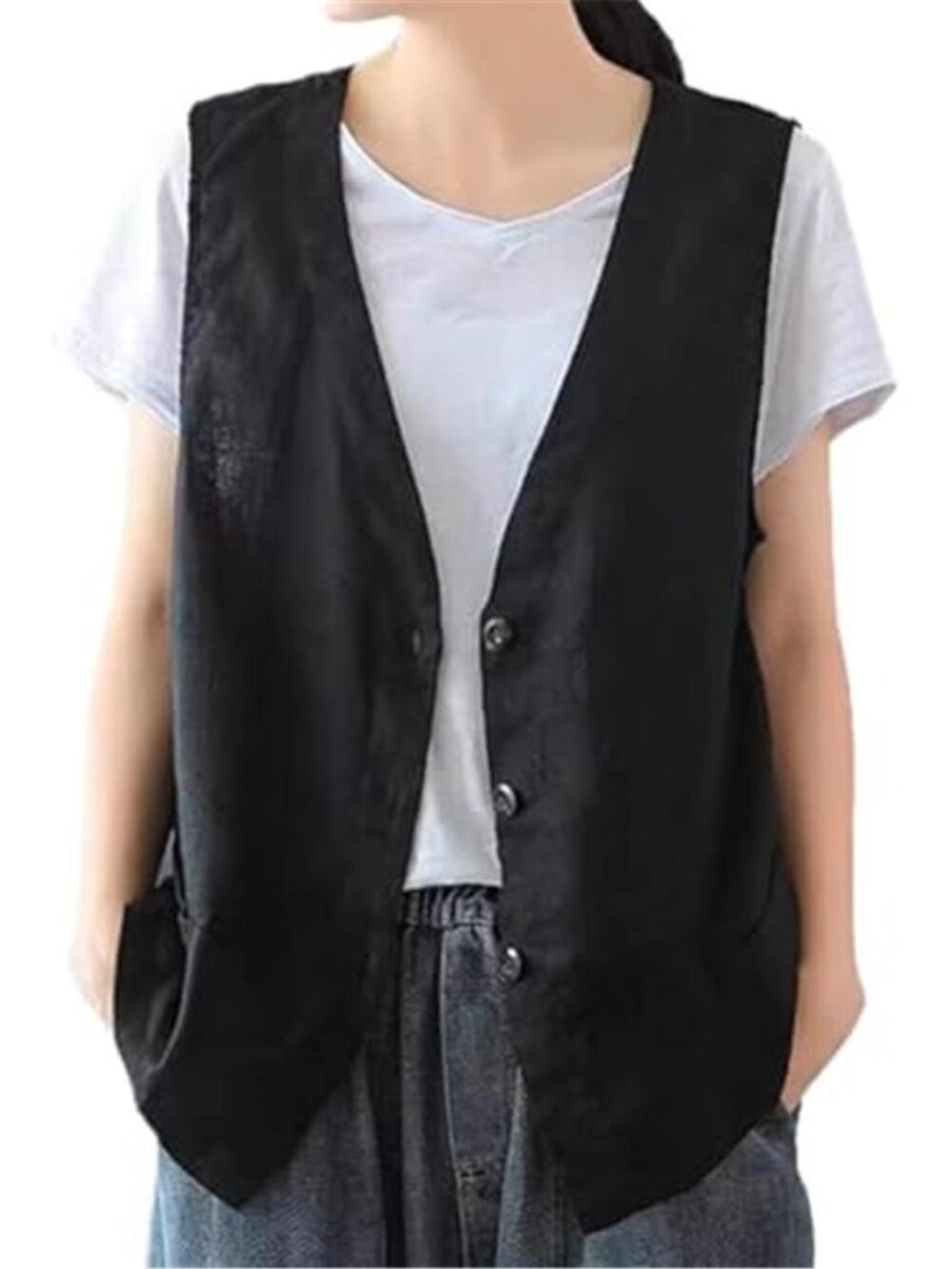 Womens Cotton Linen Vest Sleeveless Blazer V Neck Button Front Casual Waistcoat